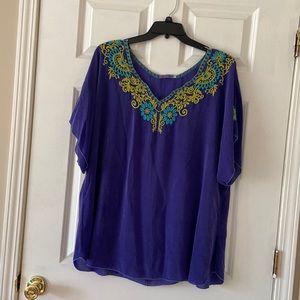 Johnny Was floral embroidered purple tunic soft silky plus 1xl short sleeves